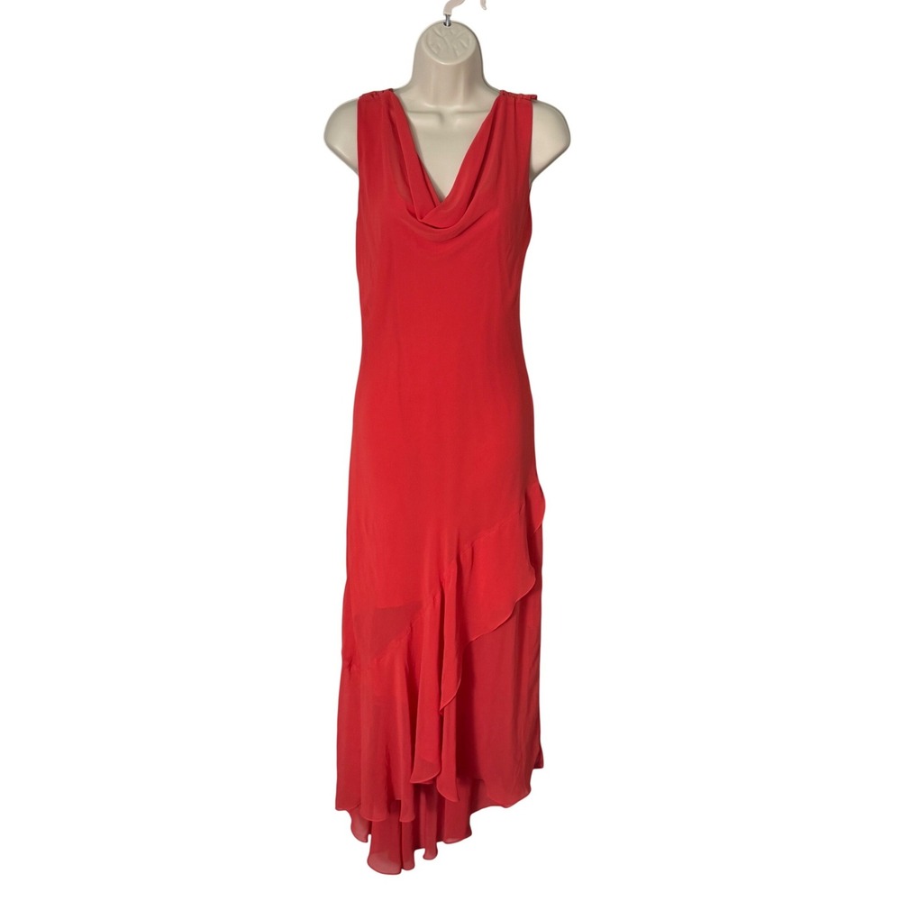 Liz Minnelli Cowl Neck‎ Asymmetrical Ruffle Hem Maxi Dress Red Size M Party